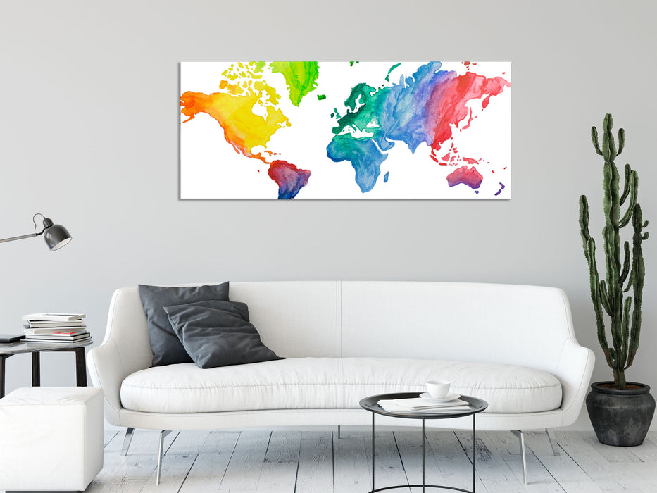 Bunte Weltkarte in Aquarell-Farben, Glasbild Panorama