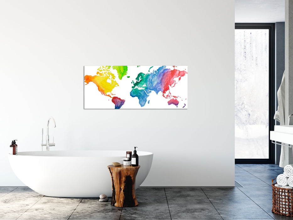 Bunte Weltkarte in Aquarell-Farben, Glasbild Panorama