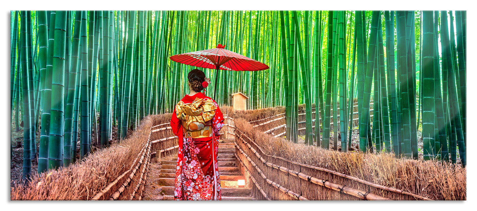 Pixxprint Frau im janapischen Kimono im Bambuswald, Glasbild Panorama