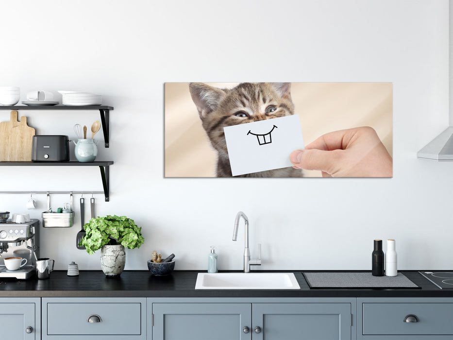 Lustige Katze mit Lächeln auf Papier, Glasbild Panorama