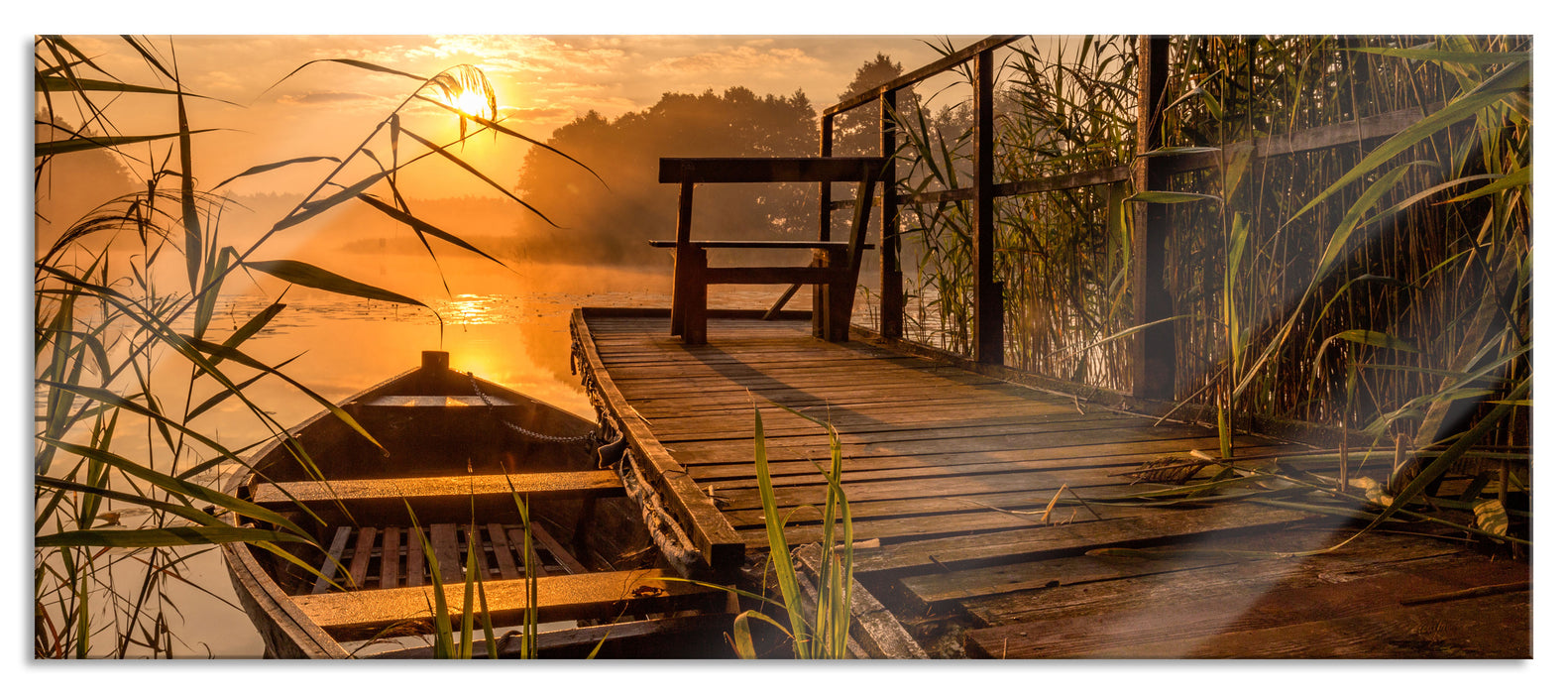 Pixxprint Bootssteg am See bei Sonnenuntergang, Glasbild Panorama