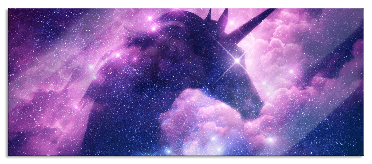 Pixxprint Einhorn Silhouette Galaxie, Glasbild Panorama