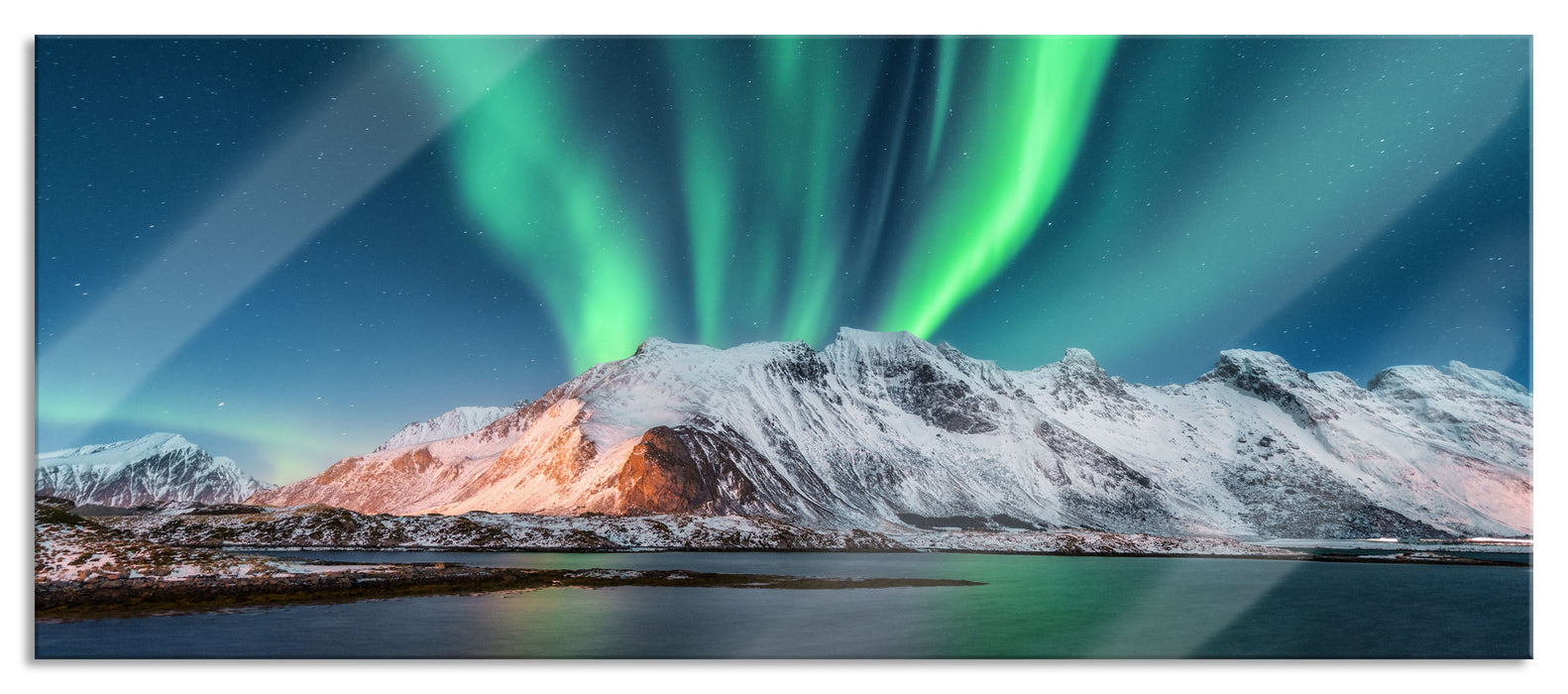 Pixxprint Nordlichter über Gletscher in Norwegen, Glasbild Panorama