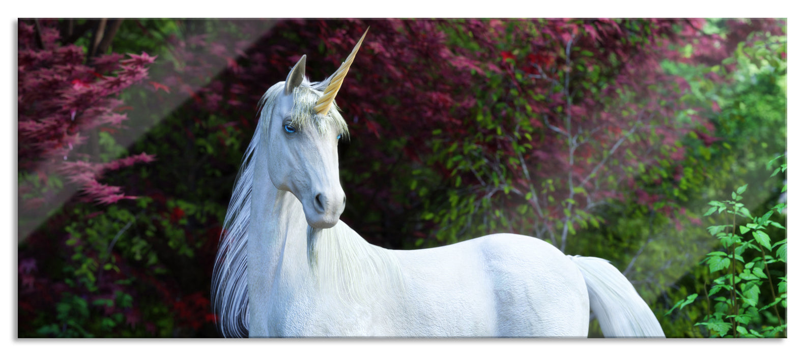 Pixxprint Majestätisches Einhorn in Waldsee, Glasbild Panorama