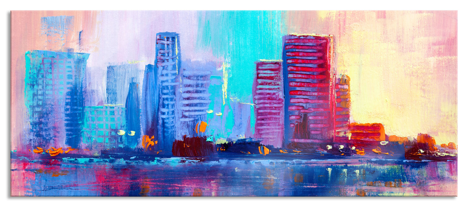 Pixxprint Abstraktes Ölgemälde einer Skyline, Glasbild Panorama