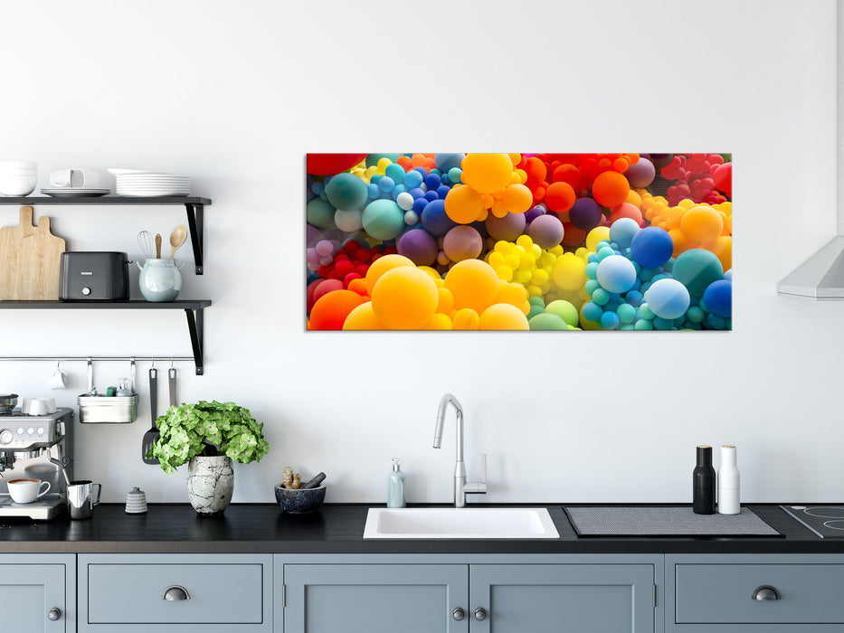 Hunderte bunte Luftballons, Glasbild Panorama