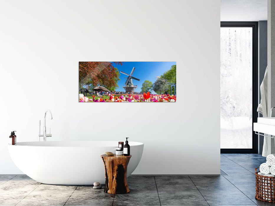 Holländisches Tulpenmeer vor Windmühle, Glasbild Panorama