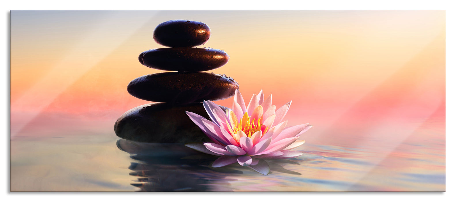 Pixxprint Zensteine mit Seerose im Sonnenuntergang, Glasbild Panorama