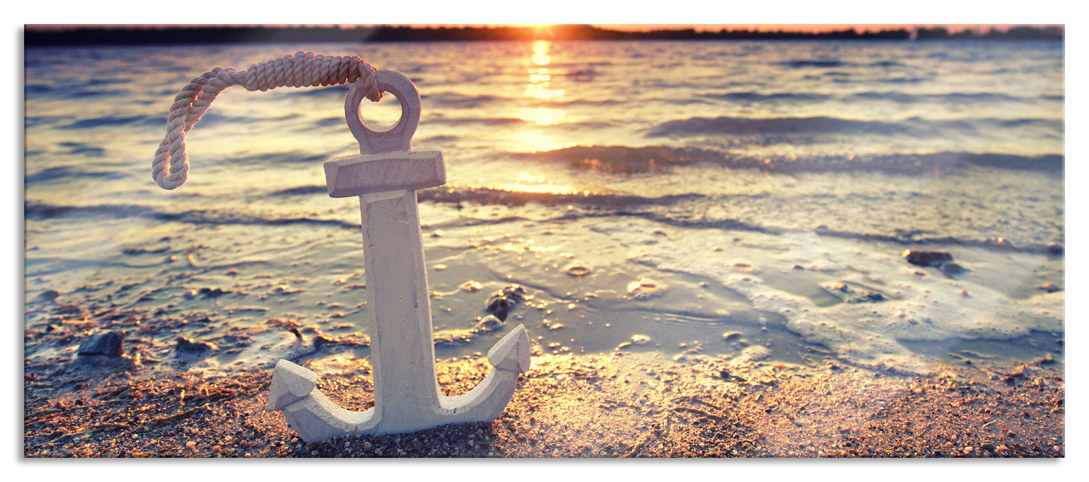 Pixxprint Anker am Ostseestrand im Sonnenuntergang, Glasbild Panorama