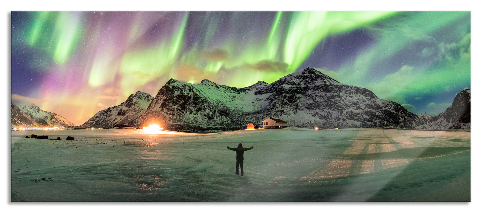 Pixxprint Polarlichter über den Bergen bei Nacht, Glasbild Panorama