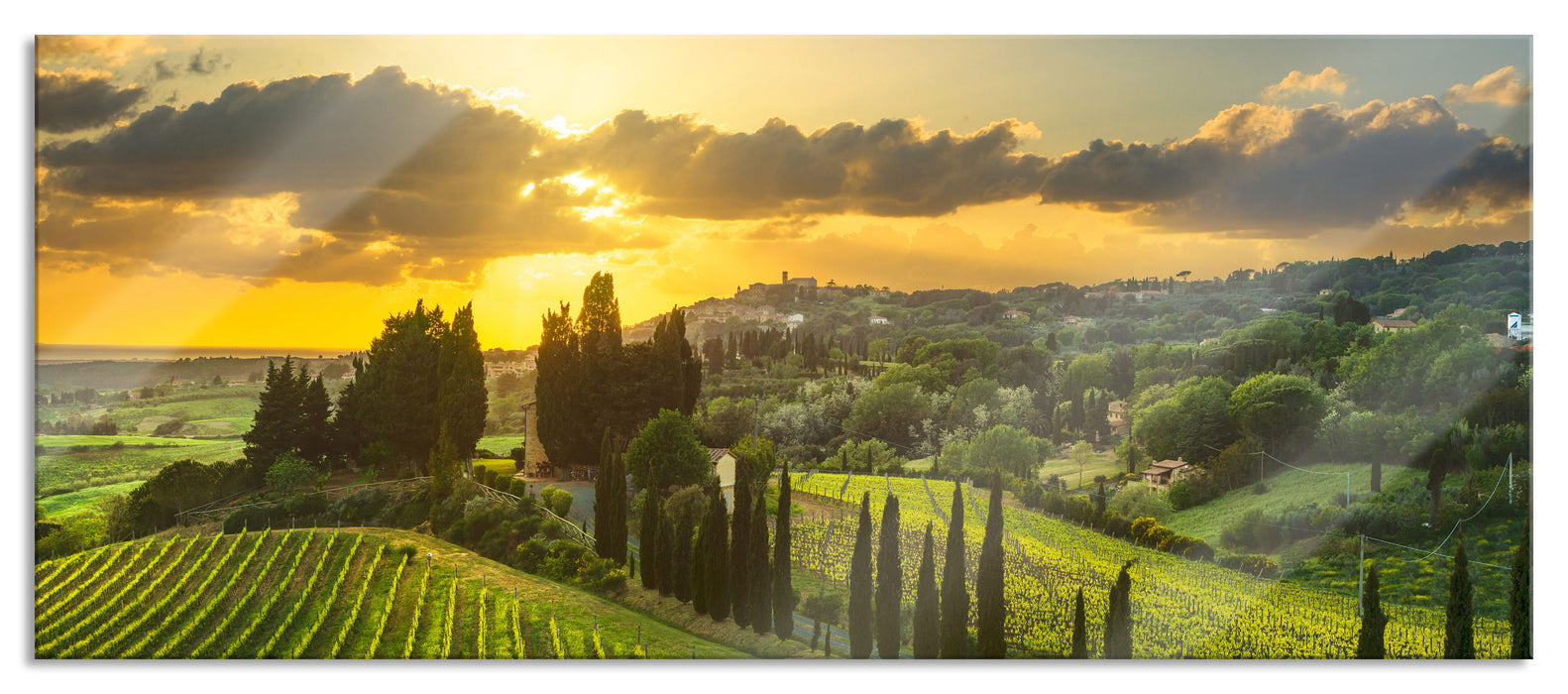 Pixxprint Malerische Weinberge in der Toskana, Glasbild Panorama