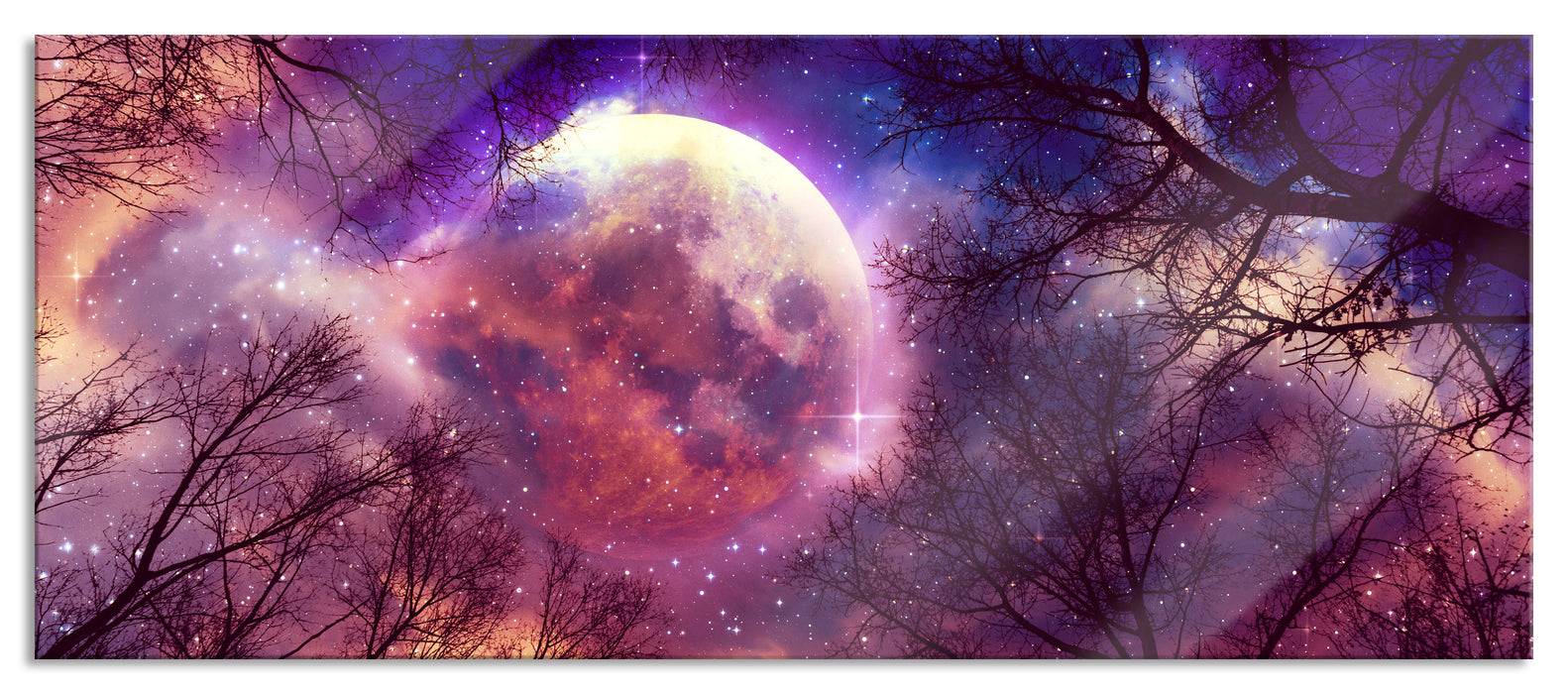 Farbenvolle Sternennacht bei Vollmond, Glasbild Panorama