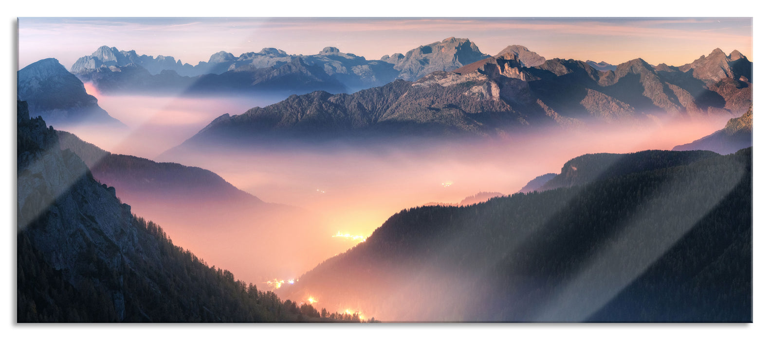 Pixxprint Leuchtender Nebel in Bergtälern, Glasbild Panorama