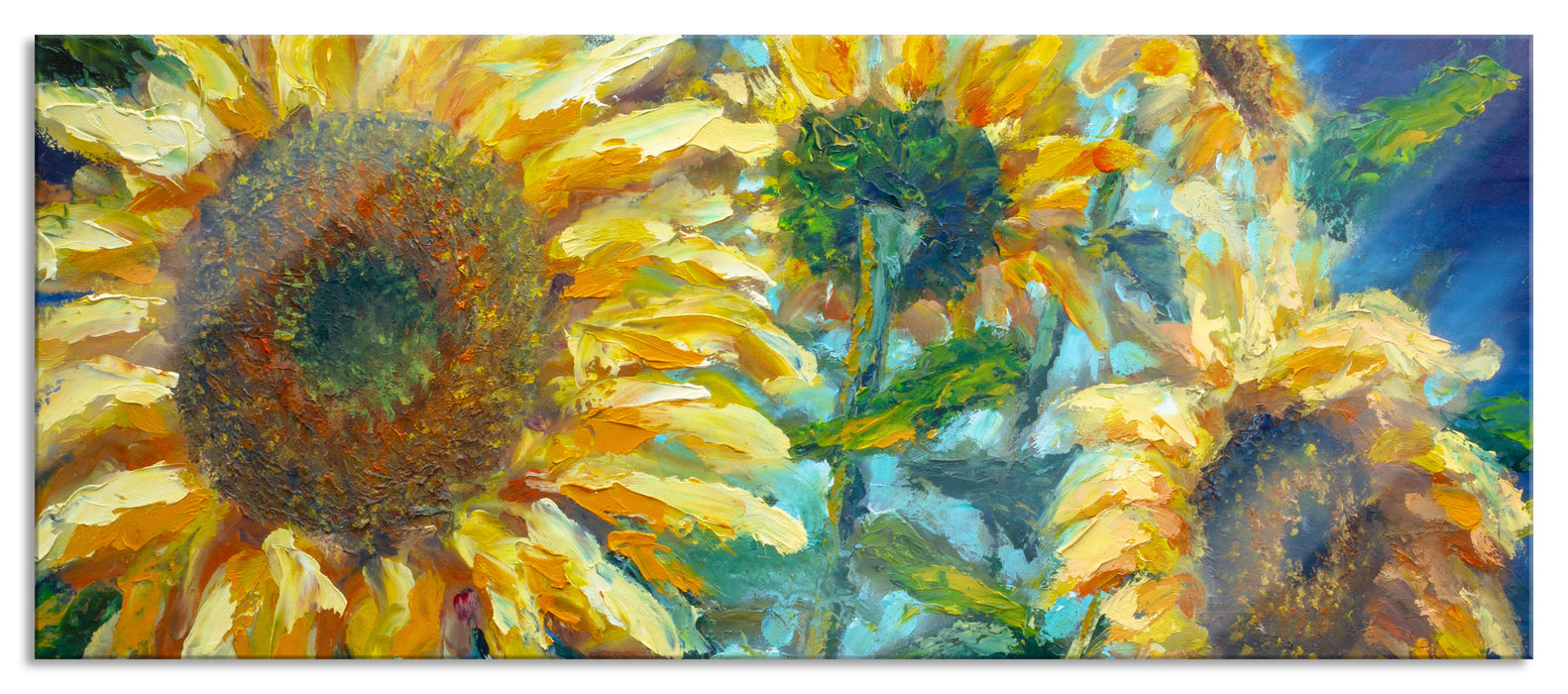 Pixxprint Sonnenblumen vor blauem Hintergrund, Glasbild Panorama