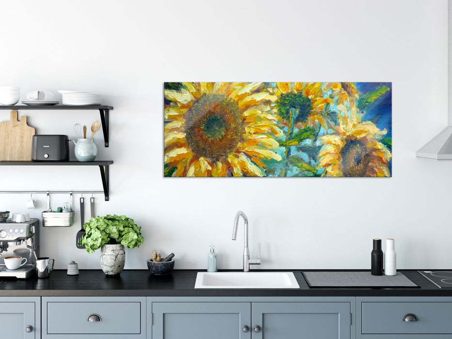 Sonnenblumen vor blauem Hintergrund, Glasbild Panorama