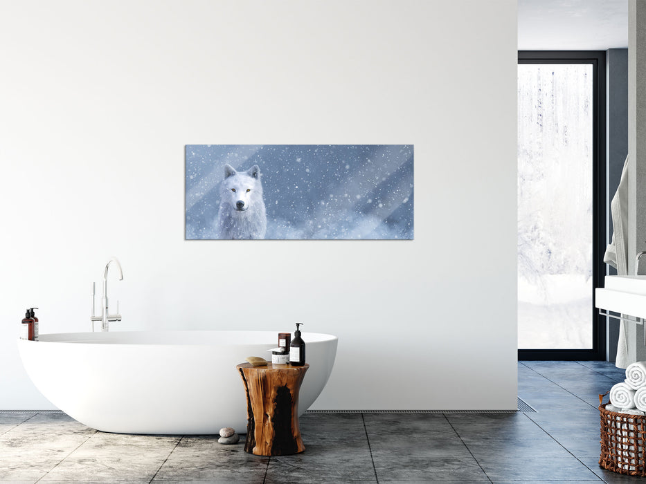 Majestätischer weißer Wolf im Schnee, Glasbild Panorama