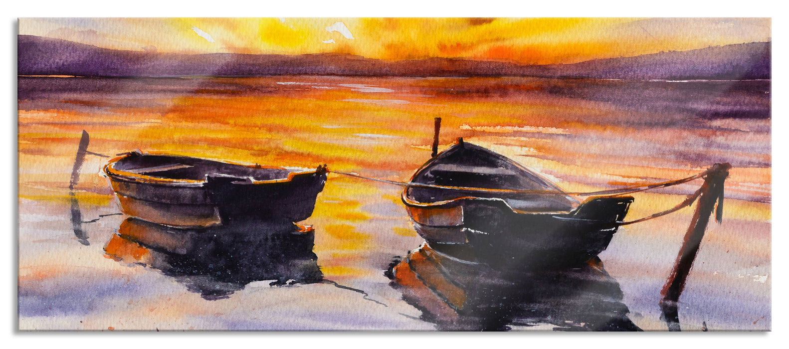 Zwei angeleinte Boote bei Sonnenuntergang, Glasbild Panorama