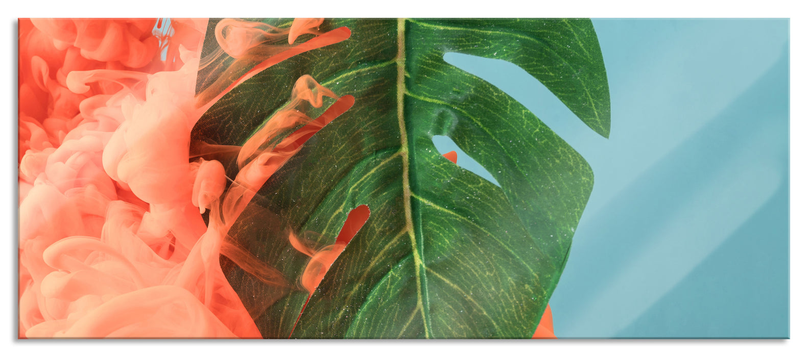 Pixxprint Monstera Blatt mit Pastelwolke, Glasbild Panorama