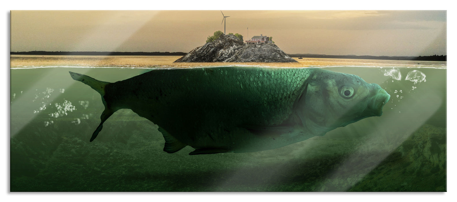 Pixxprint Abstrakter Fisch mit Felsrücken, Glasbild Panorama