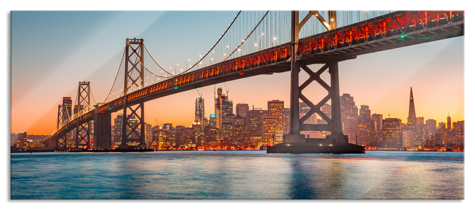 Pixxprint Oakland Bay Brücke bei Sonnenuntergang, Glasbild Panorama