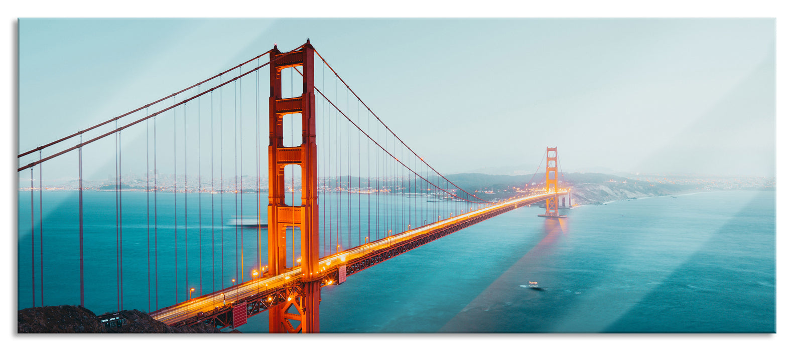 Pixxprint Golden Gate Bridge in der Abenddämmerung, Glasbild Panorama