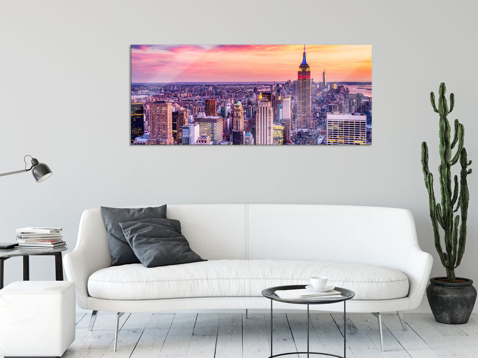 New York City bei Sonnenuntergang, Glasbild Panorama