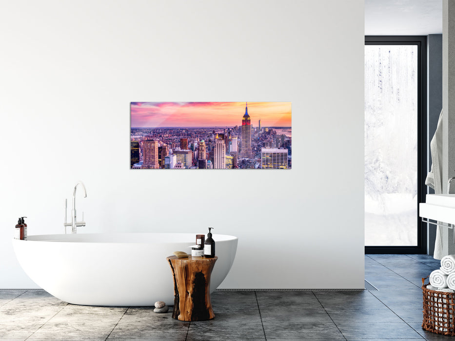 New York City bei Sonnenuntergang, Glasbild Panorama