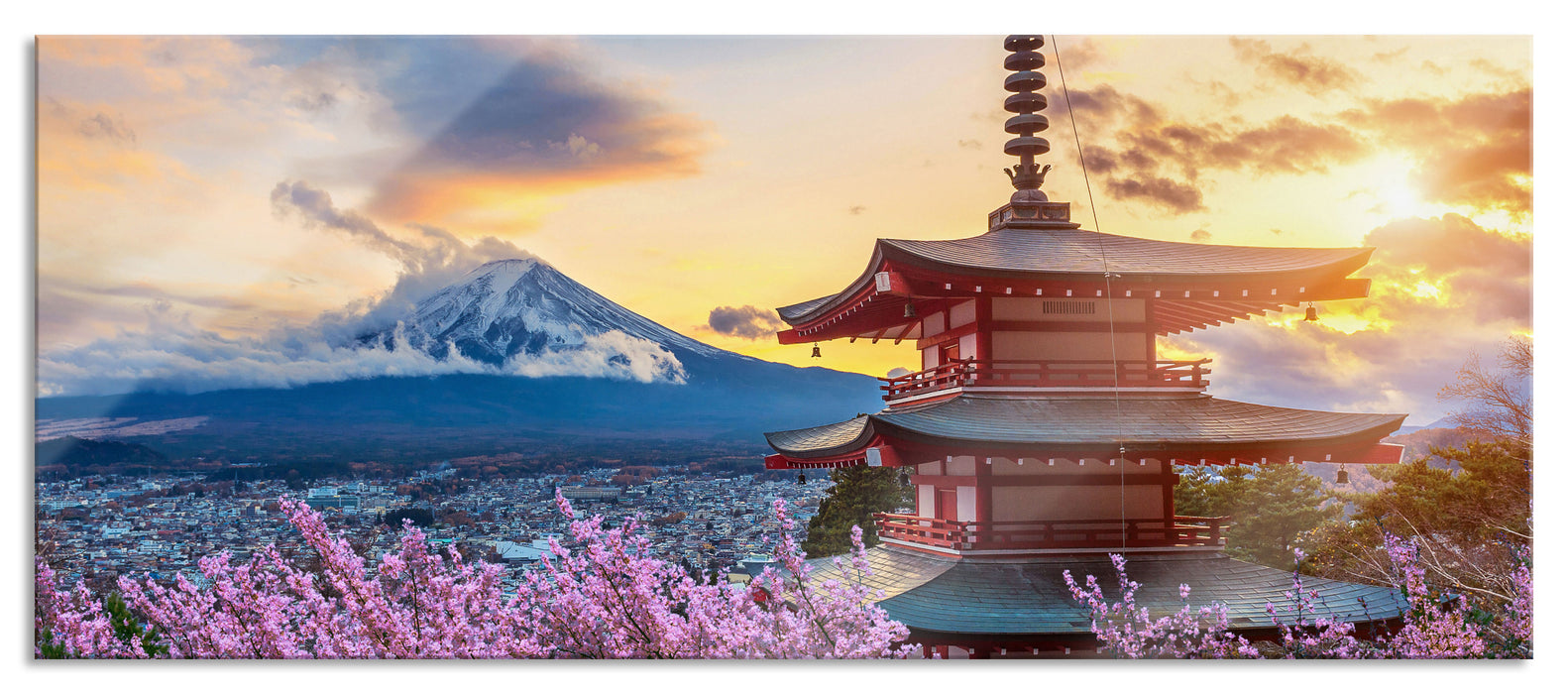 Pixxprint Japanischer Tempel zwischen Kirschblüten, Glasbild Panorama