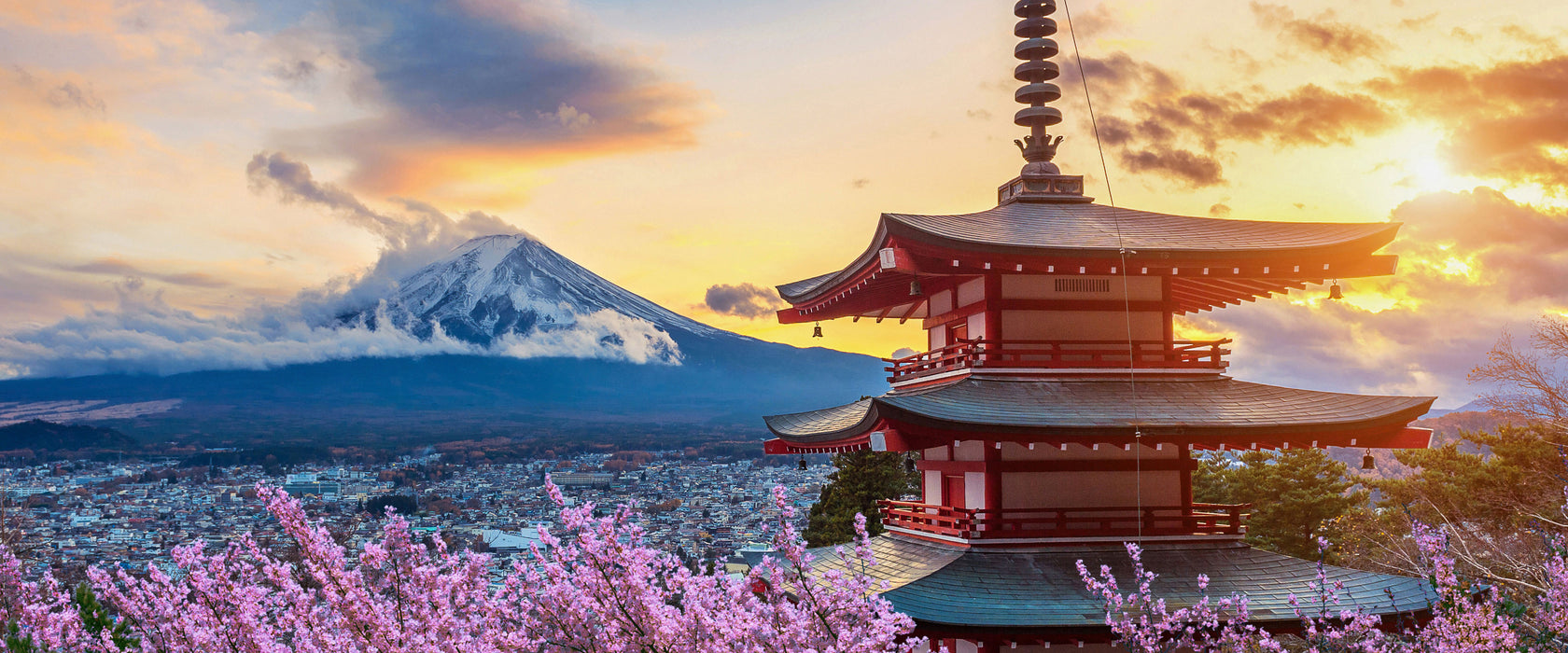 Japanischer Tempel zwischen Kirschblüten, Glasbild Panorama