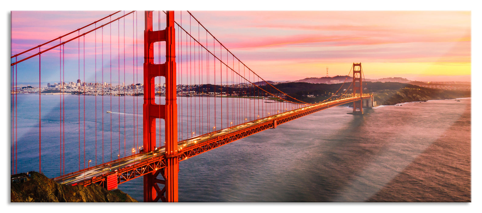 Pixxprint Golden Gate Bridge bei Sonnenuntergang, Glasbild Panorama