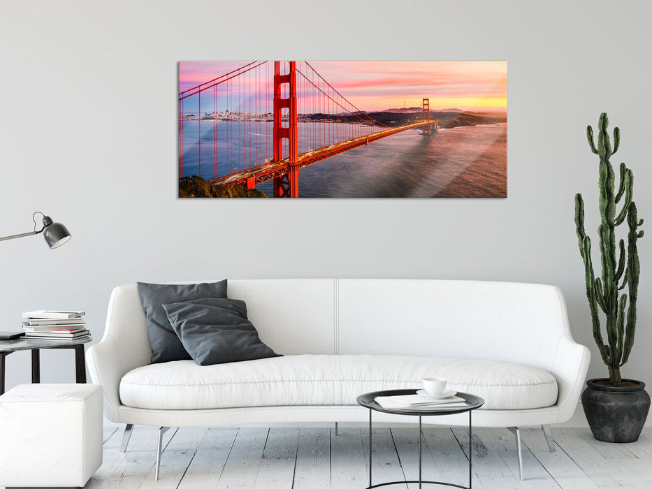 Golden Gate Bridge bei Sonnenuntergang, Glasbild Panorama