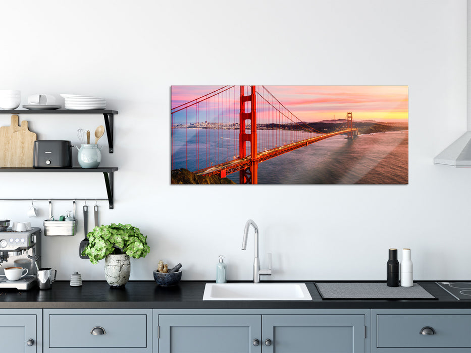 Golden Gate Bridge bei Sonnenuntergang, Glasbild Panorama