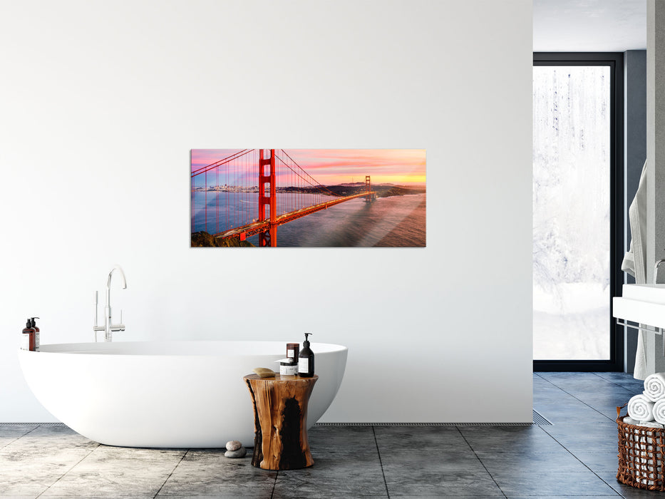 Golden Gate Bridge bei Sonnenuntergang, Glasbild Panorama