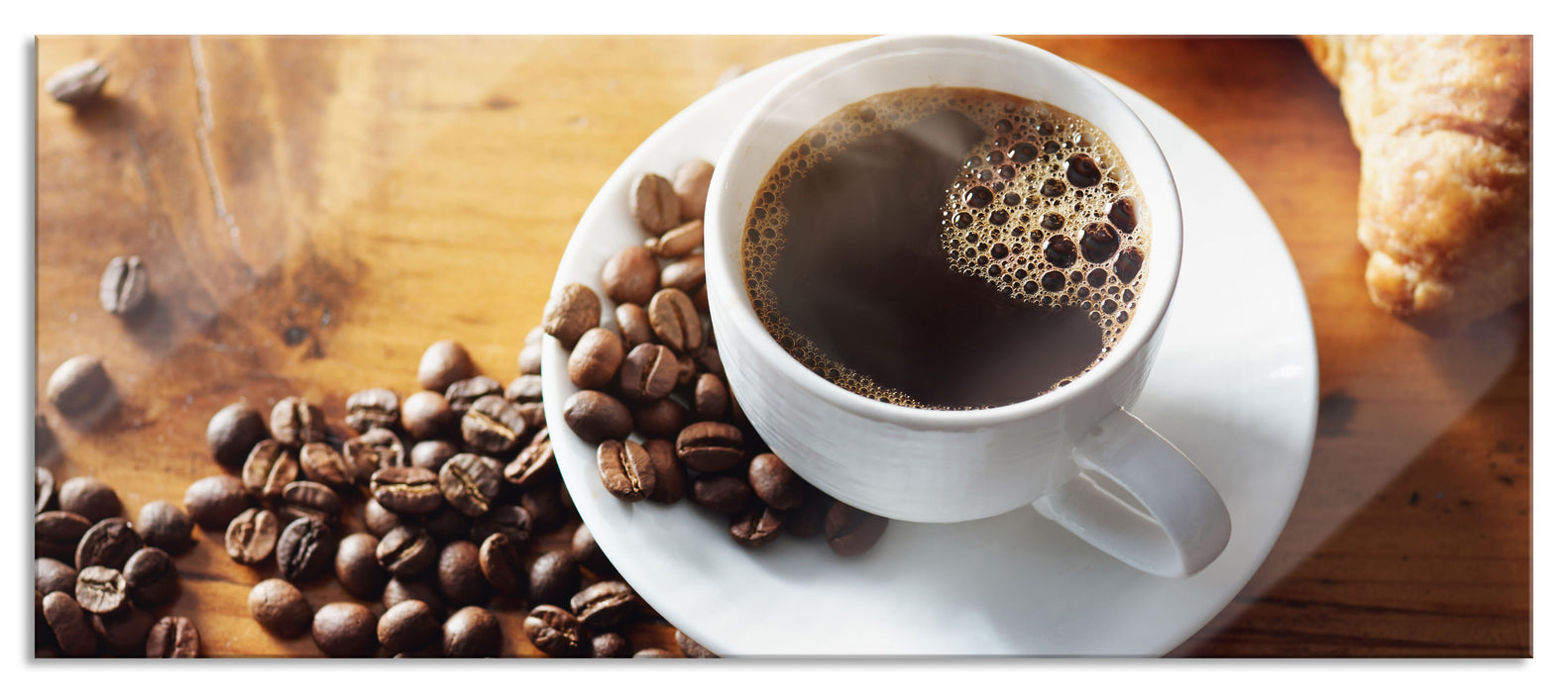 Pixxprint Tasse Kaffee mit Bohnen und Croissant, Glasbild Panorama