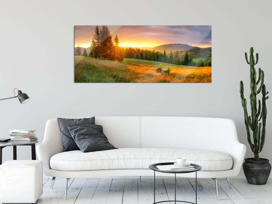 Wiesenlandschaft bei Sonnenuntergang, Glasbild Panorama