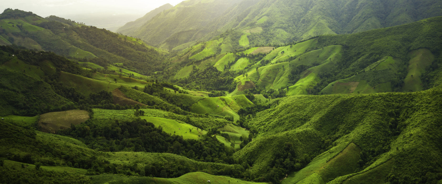 Grüne Berglandschaft in Thailand, Glasbild Panorama