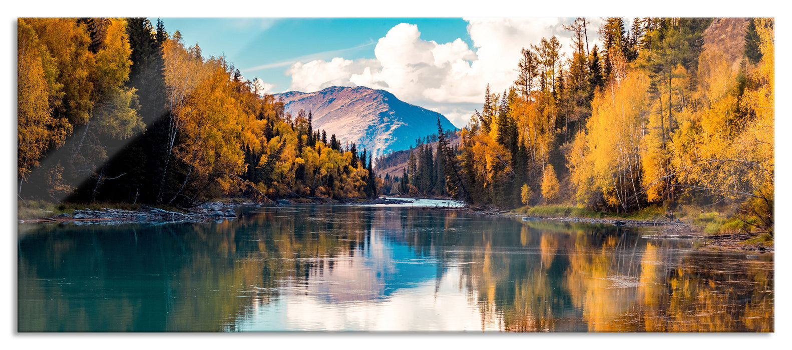 Pixxprint Bergsee mit Herbstwald, Glasbild Panorama