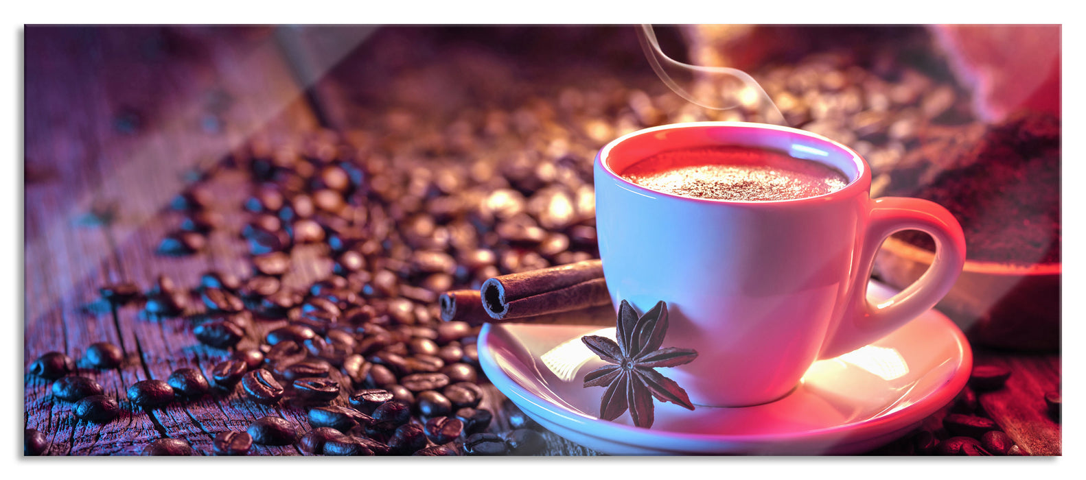 Pixxprint Kaffeetasse mit Bohnen auf Holztisch, Glasbild Panorama