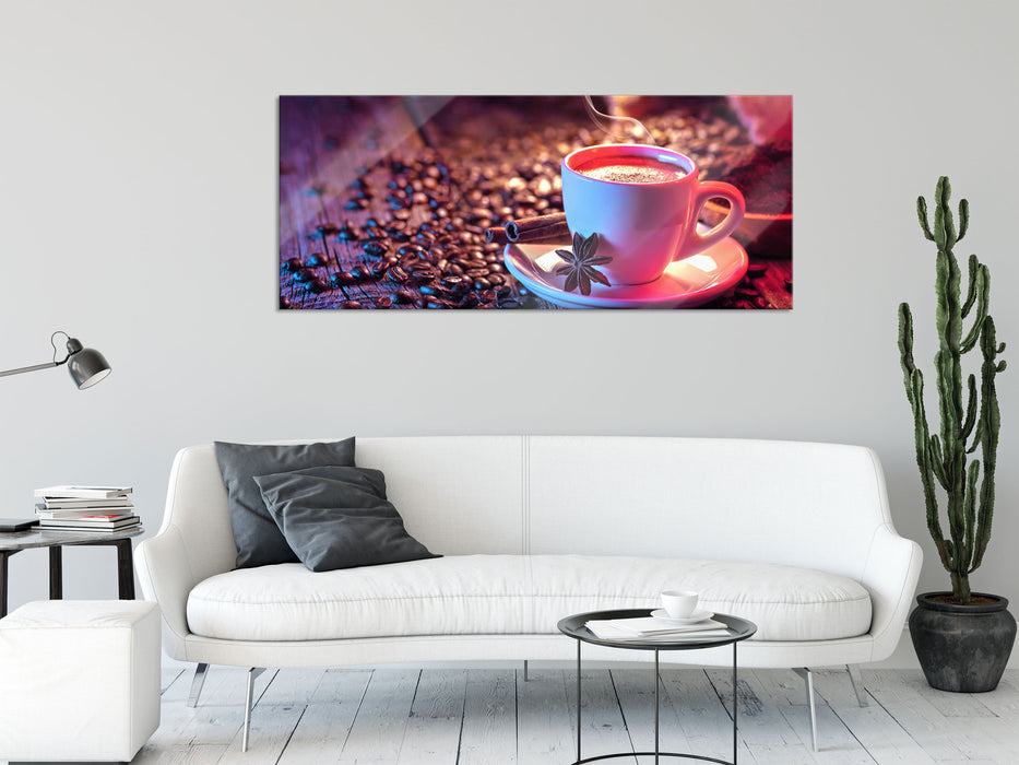 Kaffeetasse mit Bohnen auf Holztisch, Glasbild Panorama