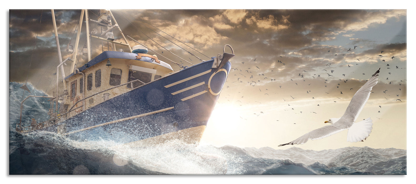 Pixxprint Fischerboot im Sturm auf hoher See, Glasbild Panorama