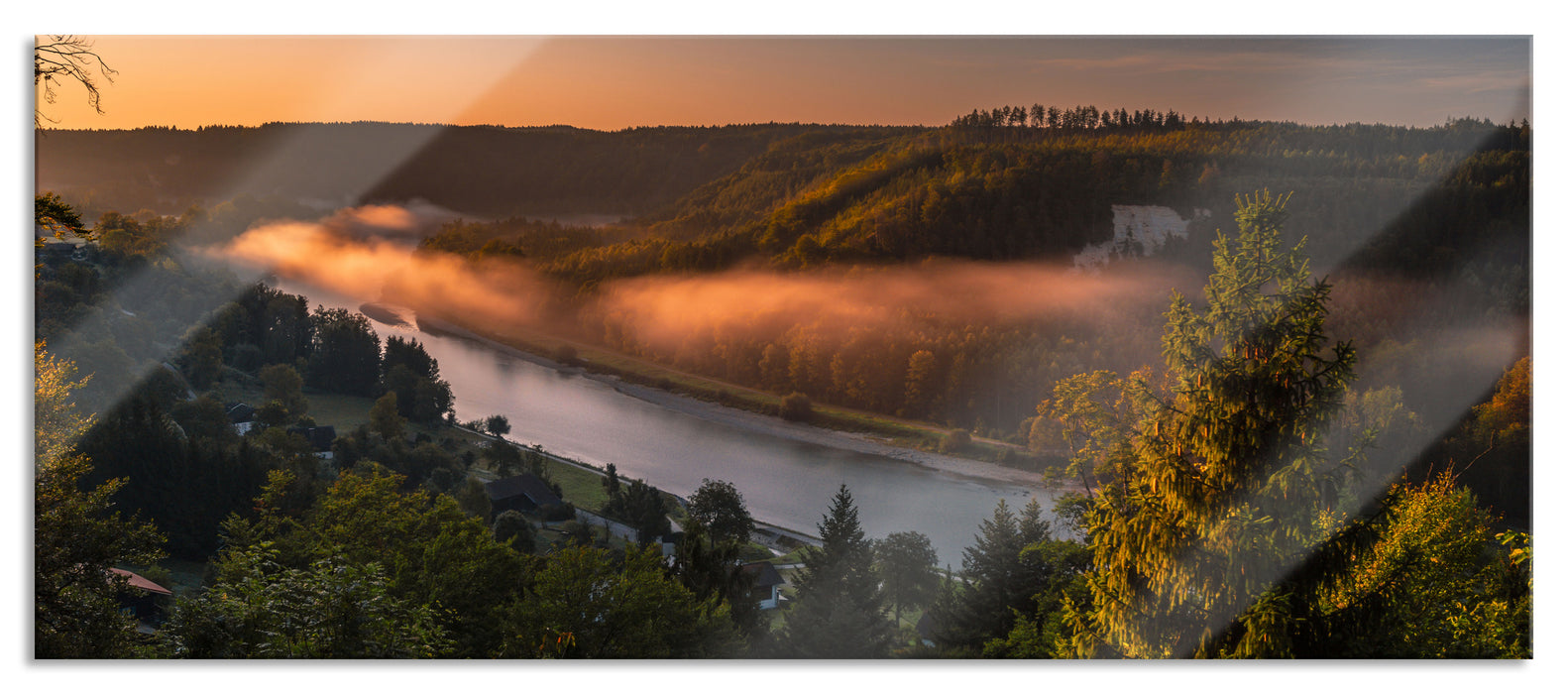 Pixxprint Nebel über Fluss in Waldlandschaft, Glasbild Panorama