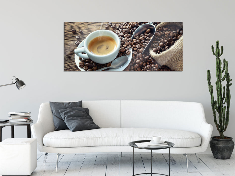 Espressotasse mit Kaffeebohnen, Glasbild Panorama