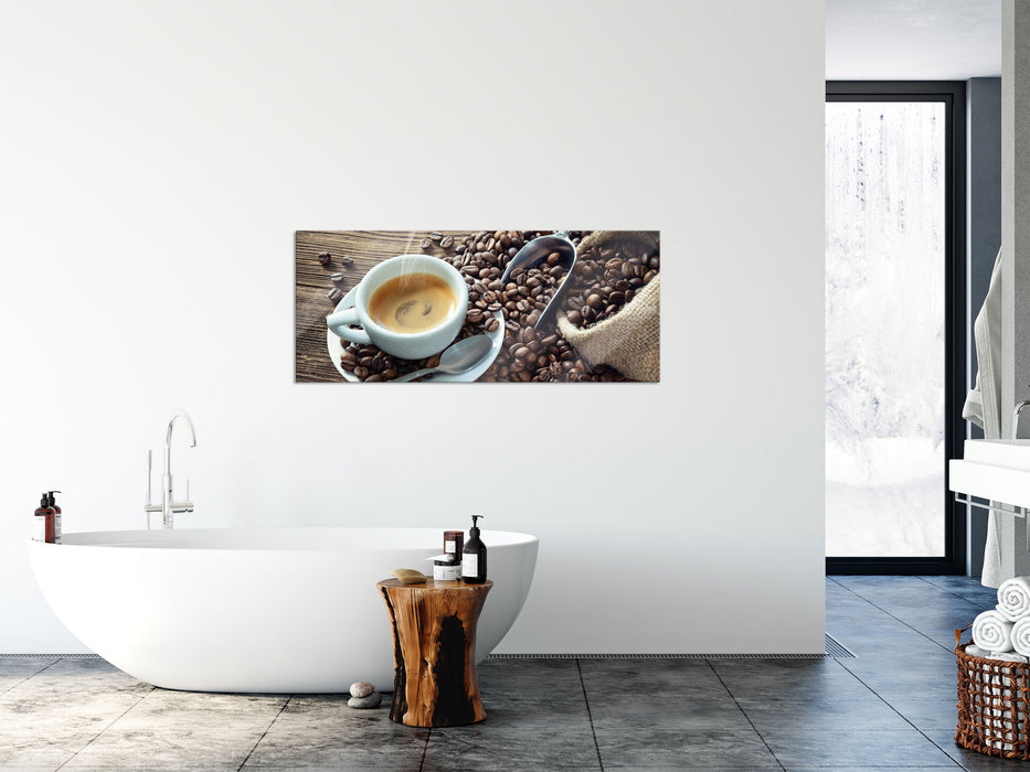 Espressotasse mit Kaffeebohnen, Glasbild Panorama