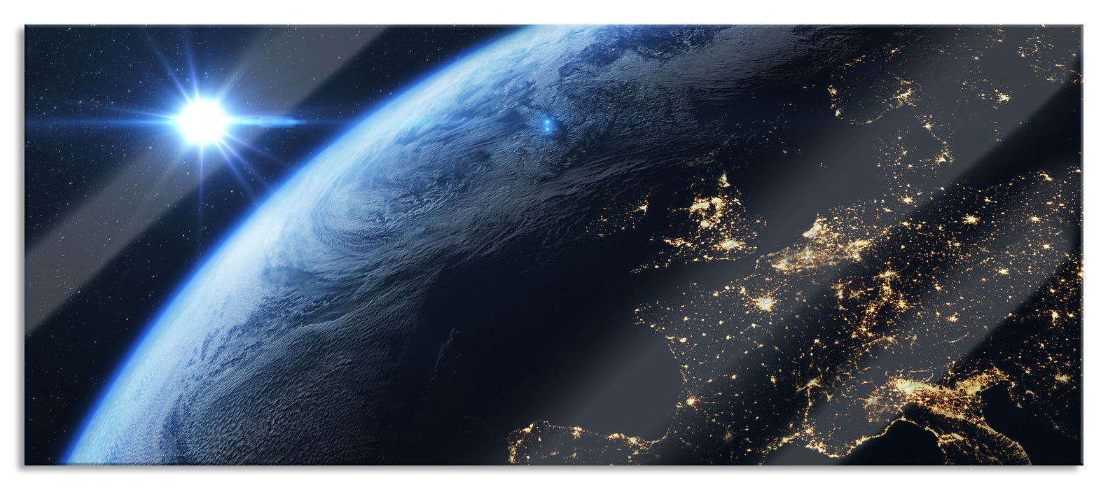 Pixxprint Erdkugel im All mit Lichtern, Glasbild Panorama