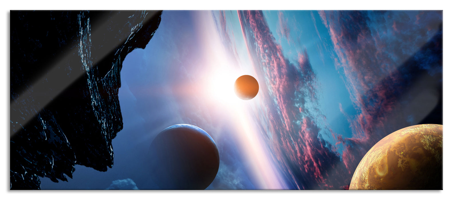 Abstrakte Planeten im Weltraum, Glasbild Panorama