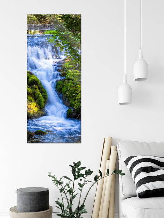 Wasserfall im grünen Wald, Glasbild Panorama