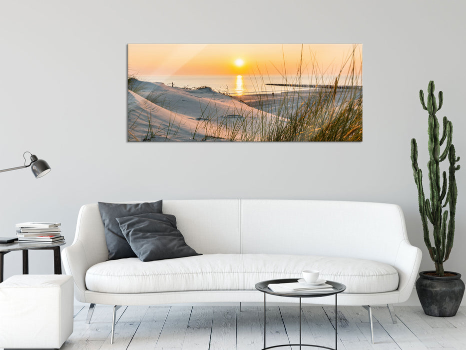 Dünenblick auf Meer bei Sonnenuntergang, Glasbild Panorama