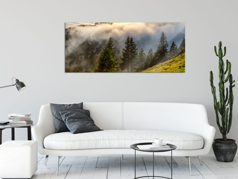 Aufsteigende Wolken in den Dolomiten, Glasbild Panorama