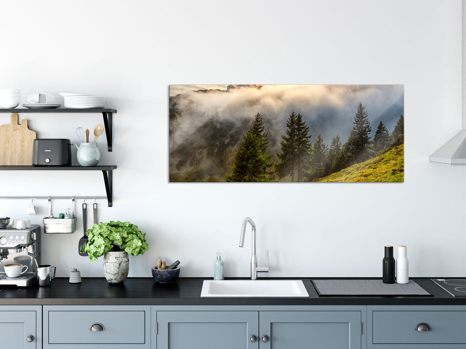 Aufsteigende Wolken in den Dolomiten, Glasbild Panorama