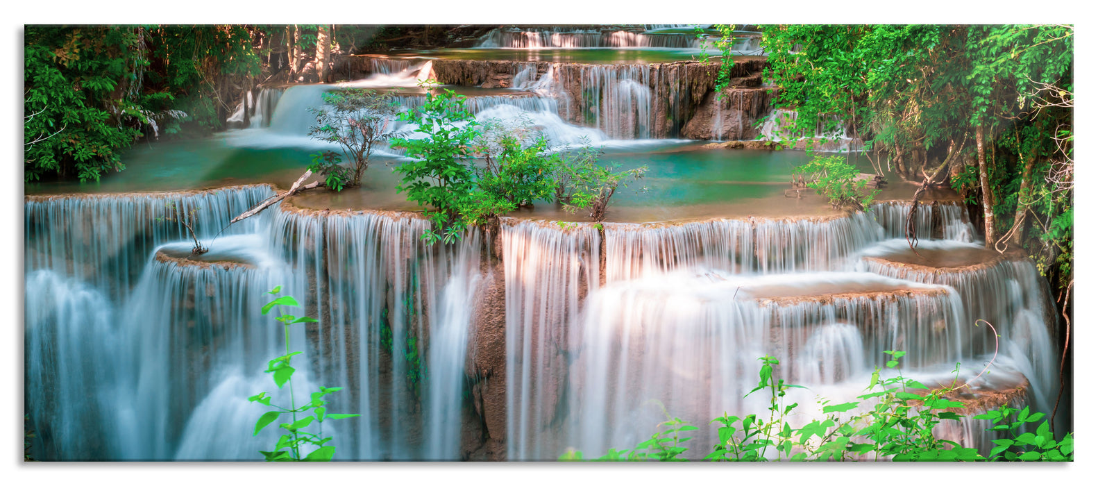 Pixxprint Türkise Wasserfälle in Thailand, Glasbild Panorama